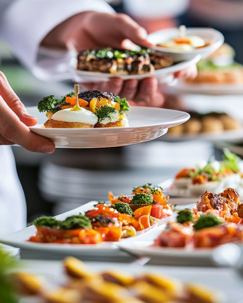 In a restaurant, waitstaff members prepare food for a buffet table. The caterer sets up a spread of appetisers on a table for service. expertly catered event with a focus on diversity and appearance.